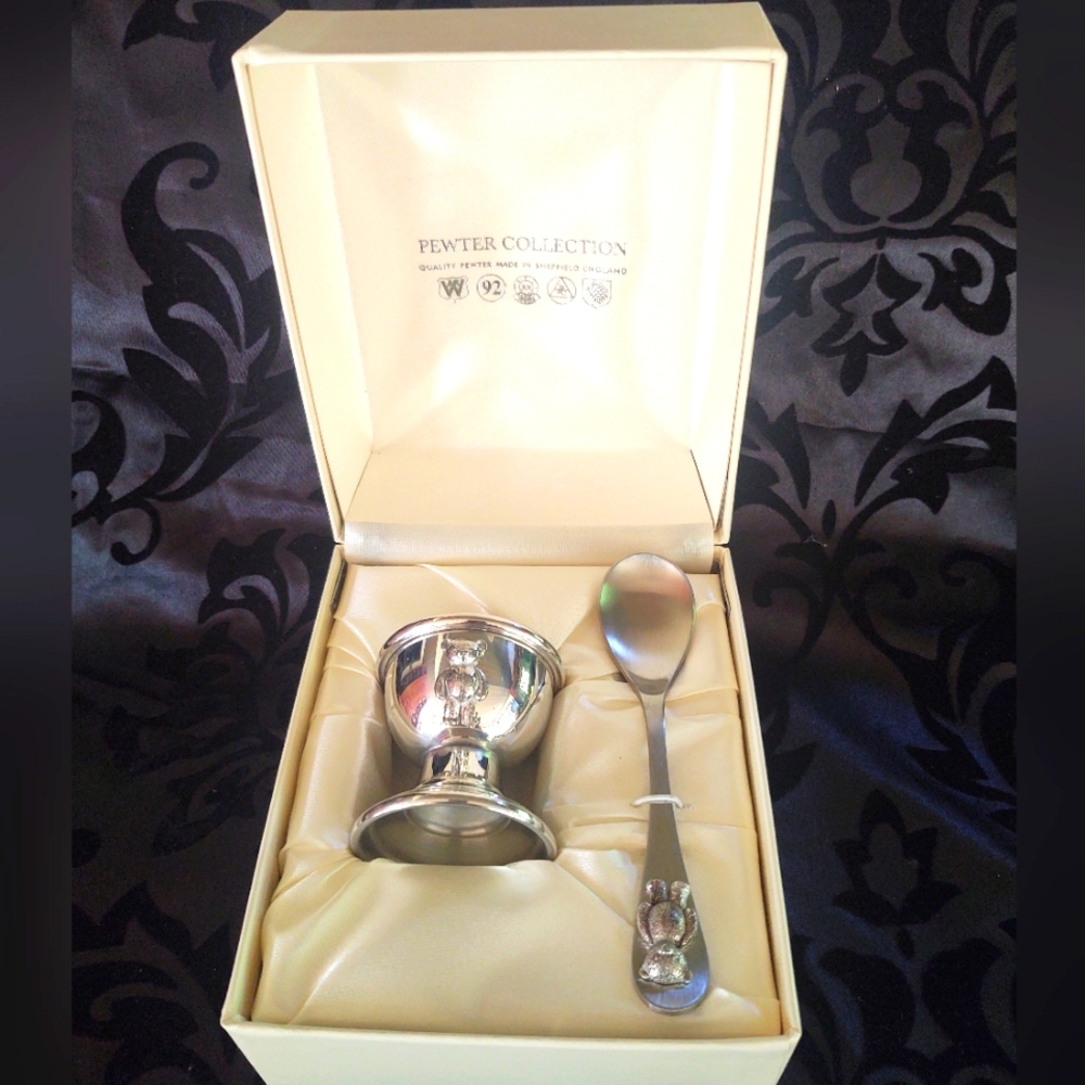 Pewter Teddy Egg Cup and Spoon Set